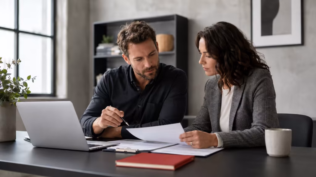 Consultant and business owner reviewing project documents and a client agreement at a desk.