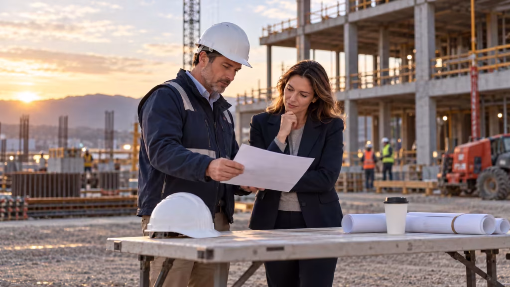 General contractor and a client representative reviewing a printed document at a jobsite table.