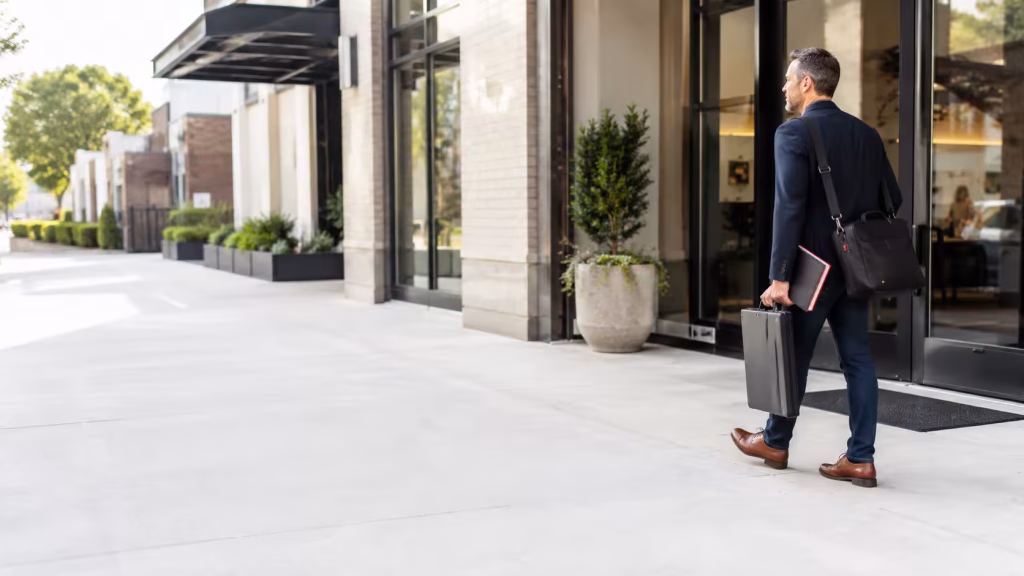 Business consultant arriving at a client location with a mobile work setup.