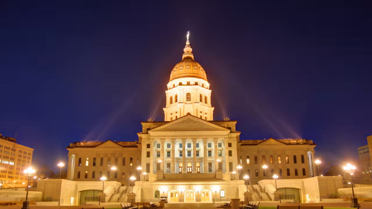 Panoramic view of the Kansas State Capitol building in Topeka with a clear blue sky - Personal Insurance