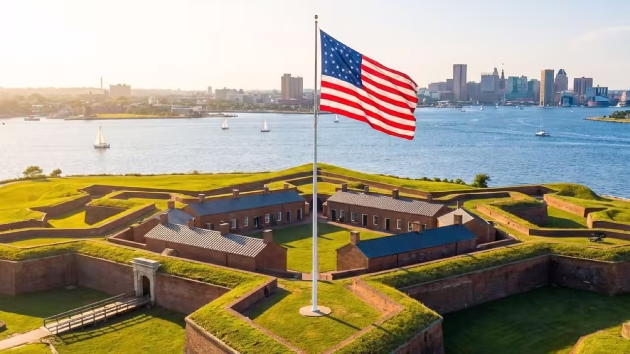 Aerial view of the star-shaped Fort McHenry National Monument in Maryland with American flag