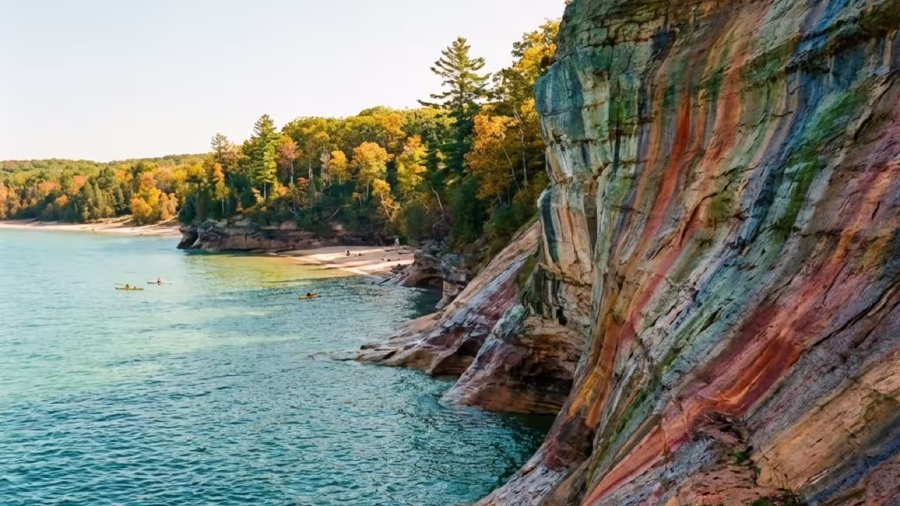 Colorful sandstone cliffs of Pictured Rocks National Lakeshore along the Lake Superior shoreline