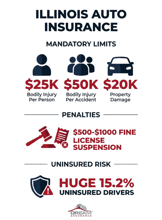 Illinois Auto Insurance Laws Infographic. Mandatory 25/50/20 Limits. Penalties: $500-$1000 fines, license suspension. 15.2% Uninsured Driver Risk.