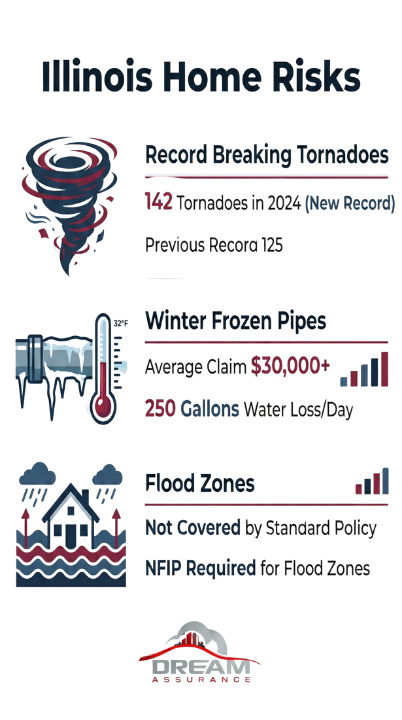Illinois Homeowners Risks Infographic. 142 Tornadoes in 2024 (Record). Winter perils: $30k+ frozen pipe claims. Flood insurance requirements.