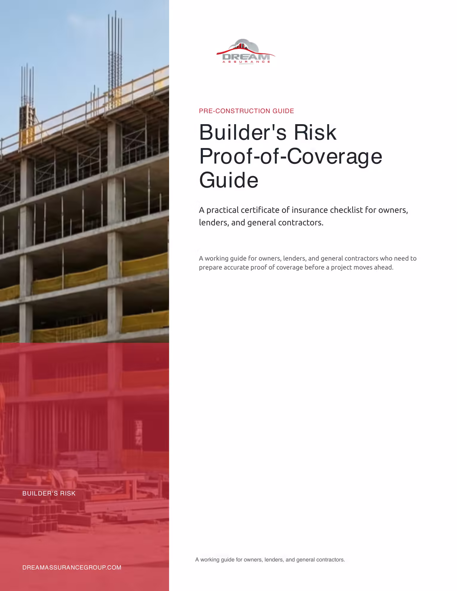 Cover of the Builder's Risk Proof-of-Coverage Guide for owners, lenders, and general contractors.