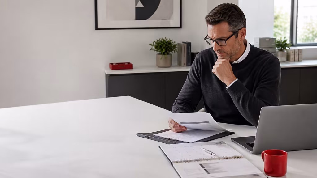 Professional reviewing policy renewal documents and reporting dates for professional liability coverage.