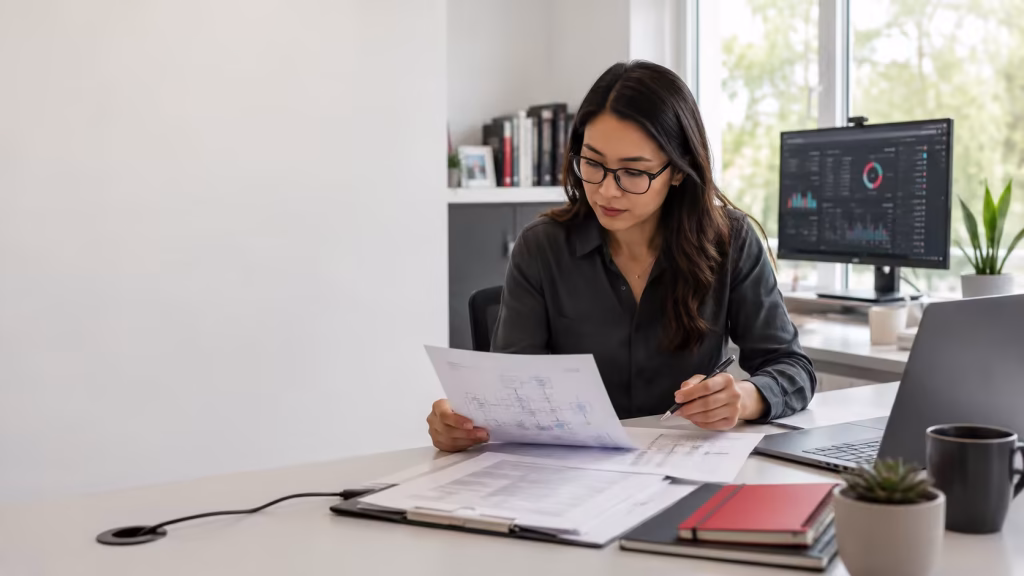 IT consultant reviewing a client statement of work, system diagram, and insurance documents at a desk.