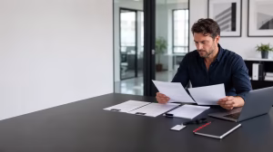 Professional-services business owner reviewing a client agreement and insurance documents at a desk.