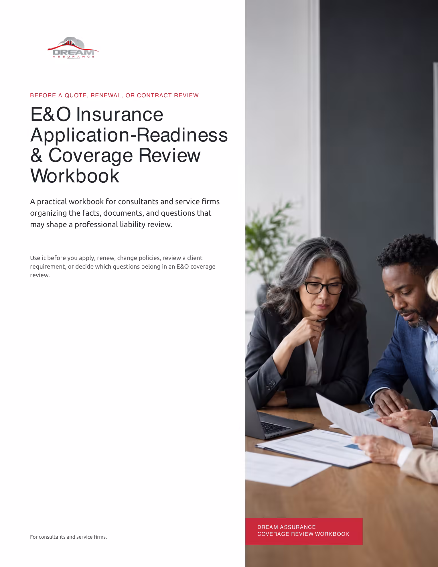 Cover of the E&O Insurance Application-Readiness & Coverage Review Workbook for consultants and service firms.