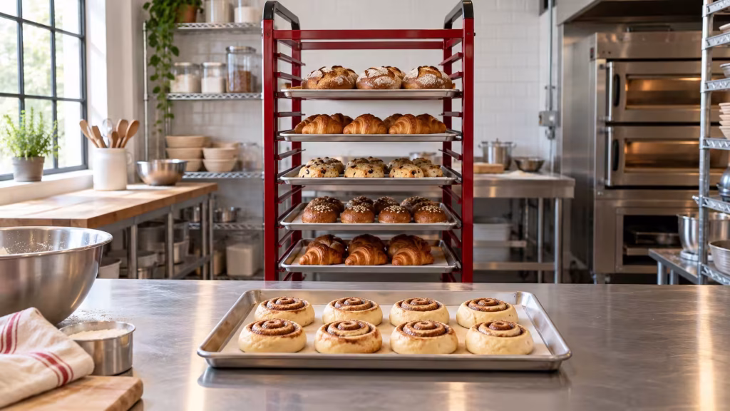 A tray of pastries on a bakery workbench in front of a rack holding several baking trays.