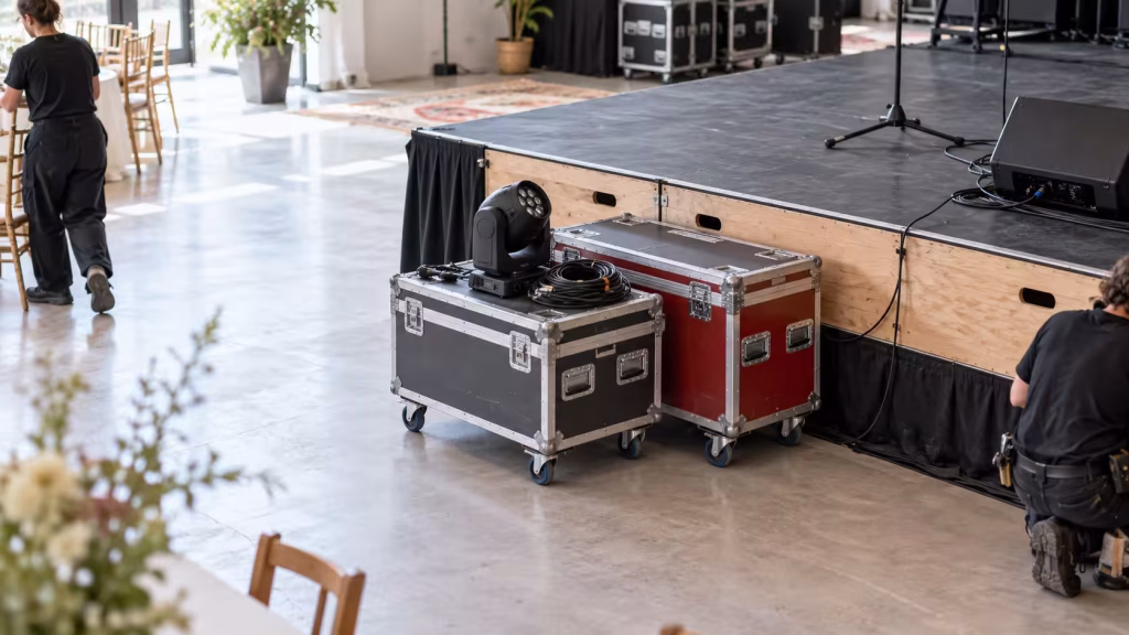 Event-production flight cases and lighting equipment beside a stage in a venue.