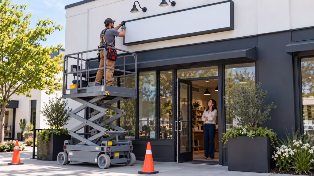 Sign contractor installing a storefront sign while the business owner watches from the entrance.