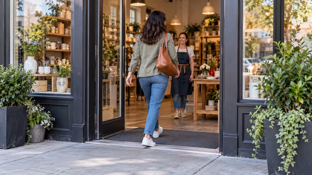 Customer entering a neighborhood shop through a glass doorway beside a clear walkway and entrance mat.