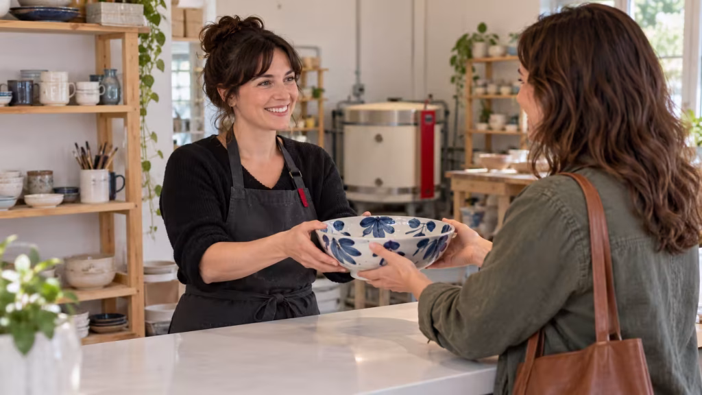 Ceramic studio owner handing a finished serving bowl to a customer across a counter.